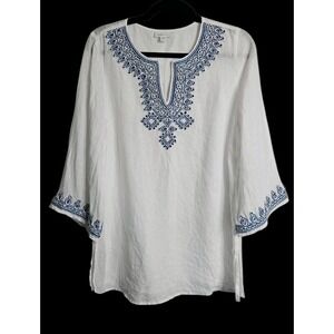 J Jill Love White Linen Tunic Blouse Top Blue Embroidery Size S Boho Hippie